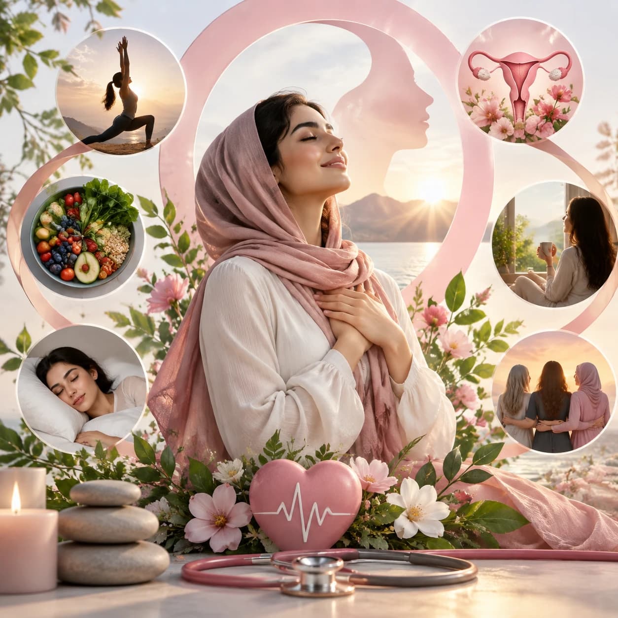 تصویر مفهومی از سلامت بانوان شامل آرامش، تغذیه، فعالیت، خواب و حمایت اجتماعی